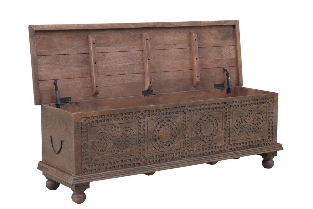 54" Brown Solid Wood Medallion Ottoman With Storage. Ottoman isolated on a plain white background, finished in brown wood.