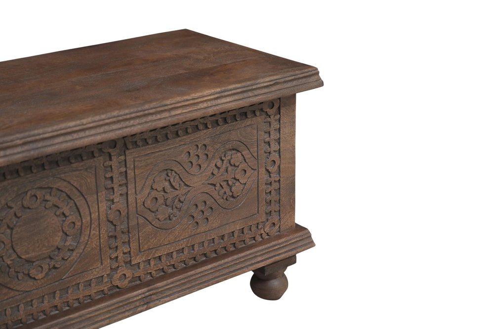 54" Brown Solid Wood Medallion Ottoman With Storage. Ottoman isolated on a plain white background, showing a brown wood surface.