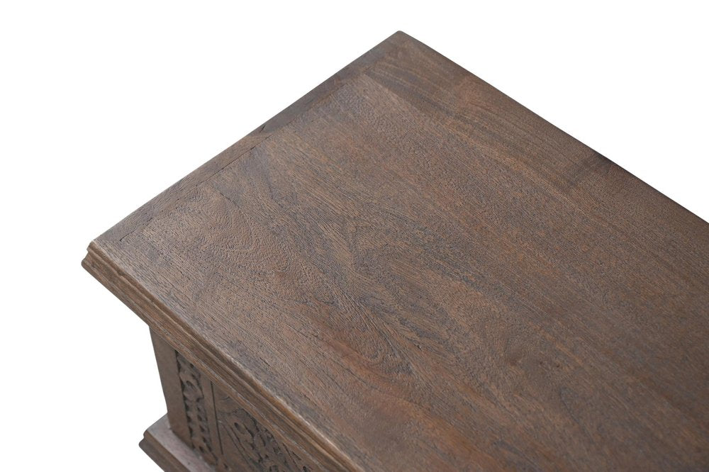 54" Brown Solid Wood Medallion Ottoman With Storage. Ottoman isolated on a plain white background, in a brown wood finish.
