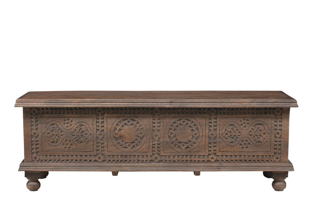 54" Brown Solid Wood Medallion Ottoman With Storage. Ottoman isolated on a plain white background, finished in brown wood.