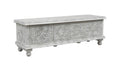 54" White Solid Wood Medallion Ottoman With Storage. Ottoman isolated on a plain white background, in a white wood finish.