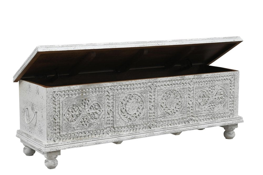 54" White Solid Wood Medallion Ottoman With Storage. Ottoman isolated on a plain white background, showing a wood surface.