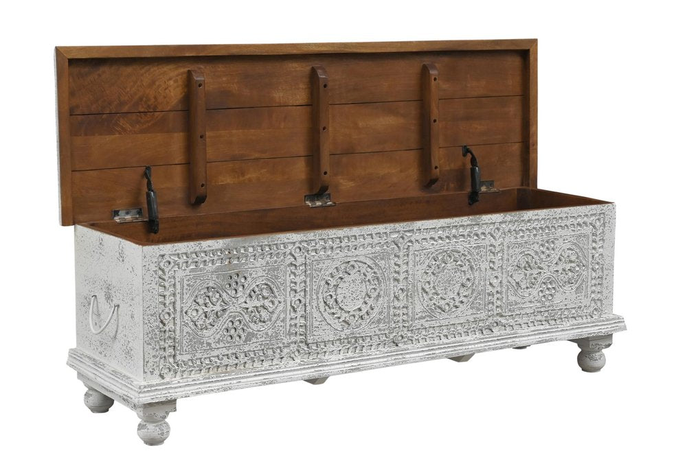 54" White Solid Wood Medallion Ottoman With Storage. Ottoman isolated on a plain white background, showing a wood surface.