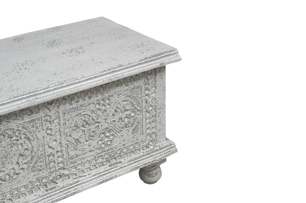 54" White Solid Wood Medallion Ottoman With Storage. Ottoman isolated on a plain white background, finished in white wood.