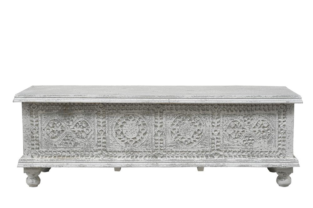 54" White Solid Wood Medallion Ottoman With Storage. Ottoman isolated on a plain white background, finished in white wood.