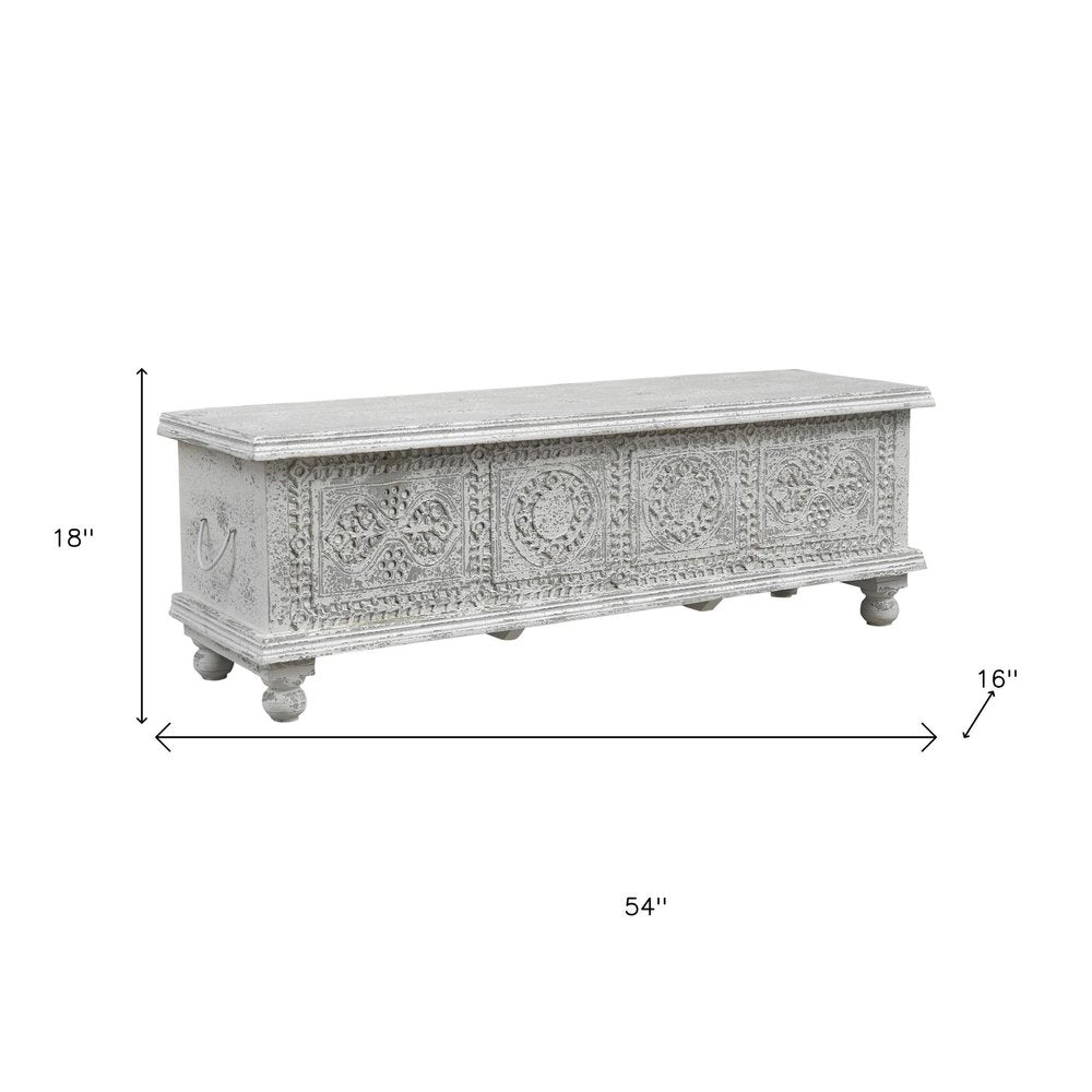 54" White Solid Wood Medallion Ottoman With Storage. Ottoman isolated on a plain white background, in a white wood finish.