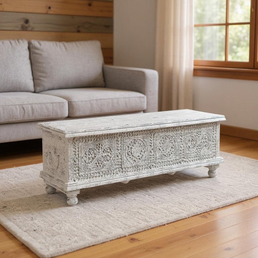 54" White Solid Wood Medallion Ottoman With Storage.
