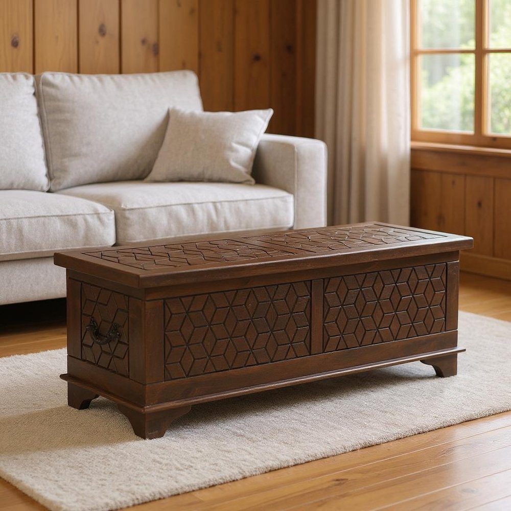 52" Brown Solid Wood Geometric Ottoman With Storage. Ottoman in brown wood.