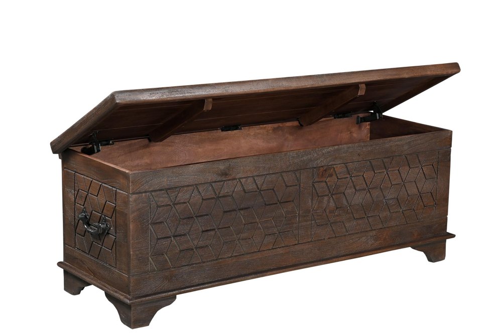52" Brown Solid Wood Geometric Ottoman With Storage. Ottoman isolated on a plain white background, showing a brown wood surface.