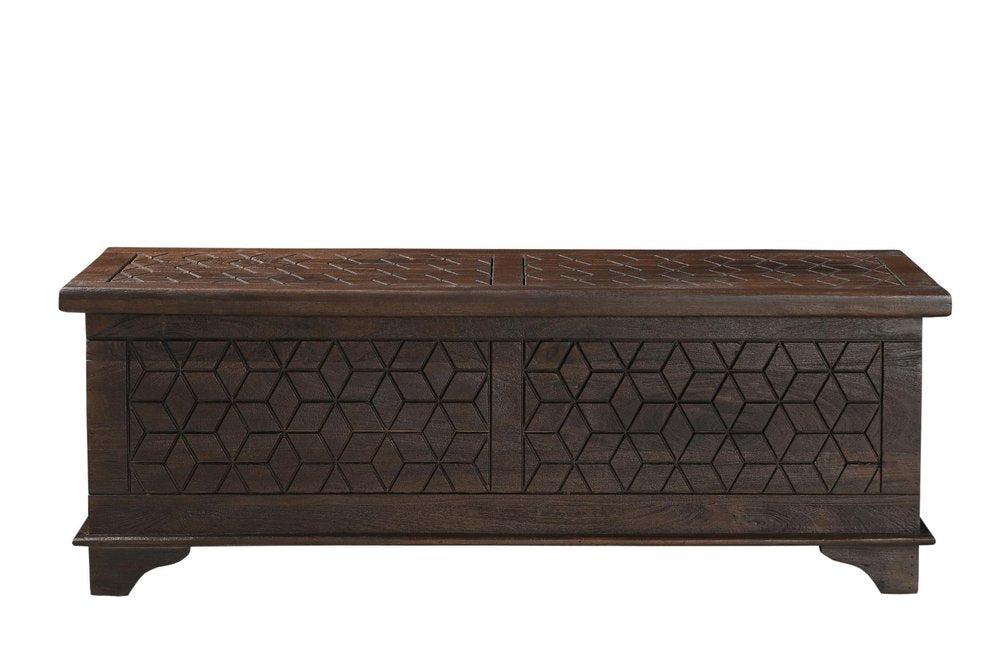 52" Brown Solid Wood Geometric Ottoman With Storage. Ottoman isolated on a plain white background, finished in brown wood.