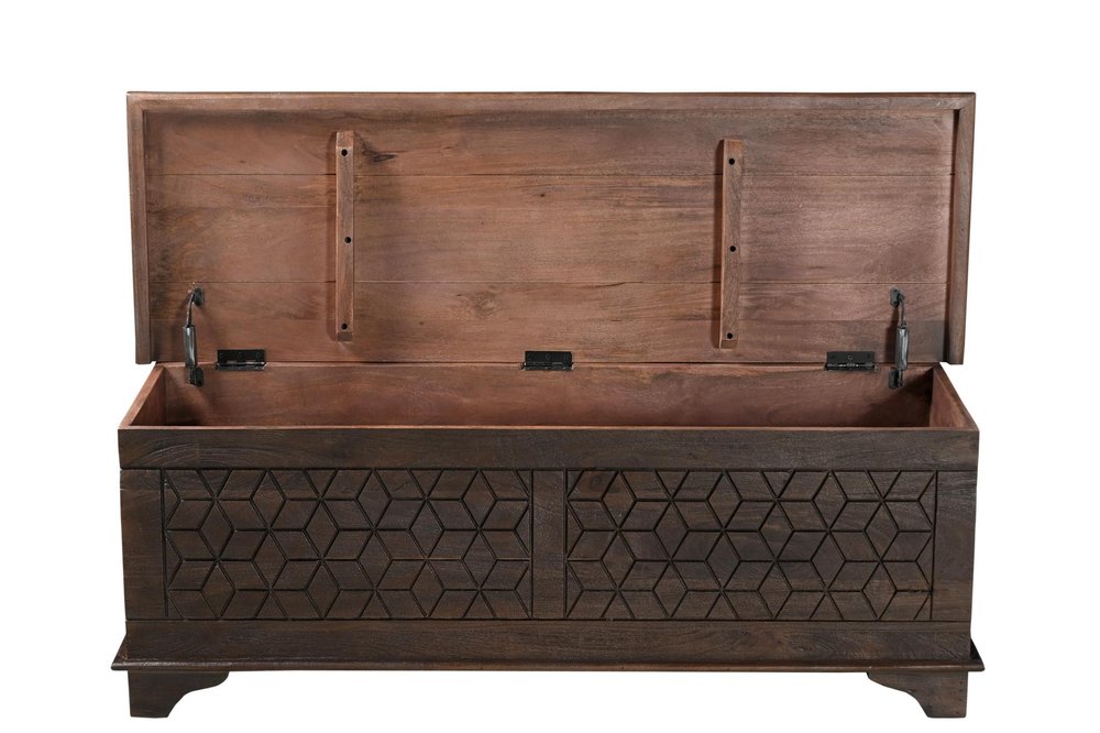 52" Brown Solid Wood Geometric Ottoman With Storage. Ottoman isolated on a plain white background, showing a brown wood surface.
