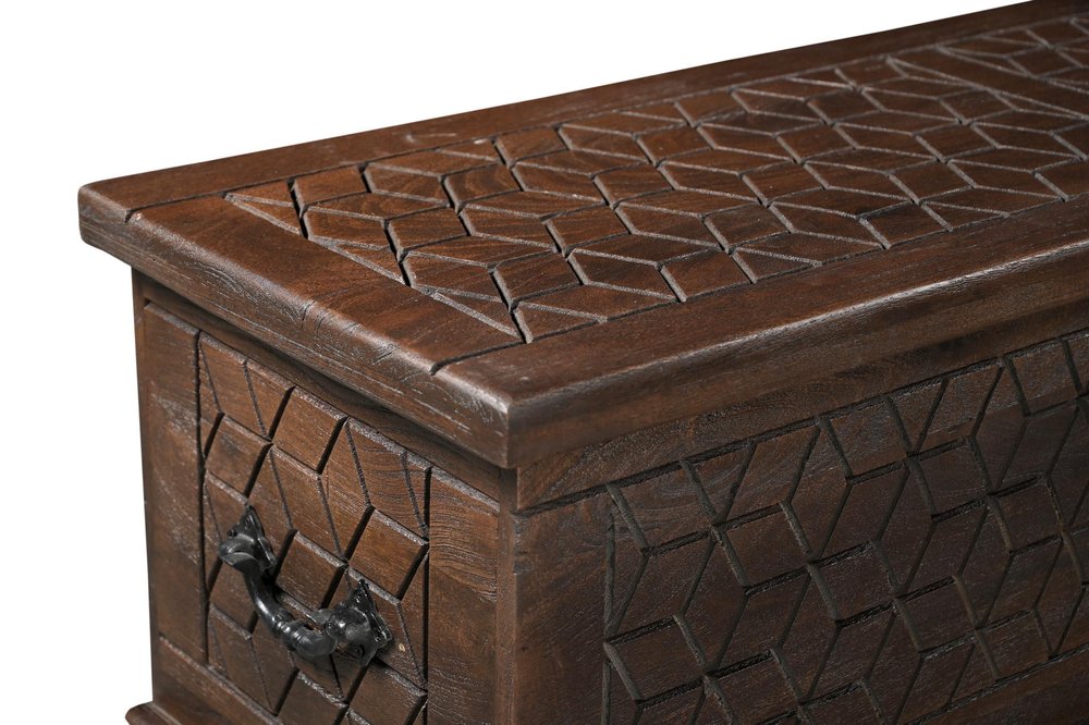 52" Brown Solid Wood Geometric Ottoman With Storage. Ottoman in brown wood.