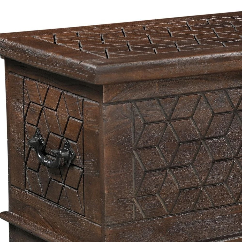 Cropped view of 52" Brown Solid Wood Geometric Ottoman With Storage focusing on the brown wood surface.