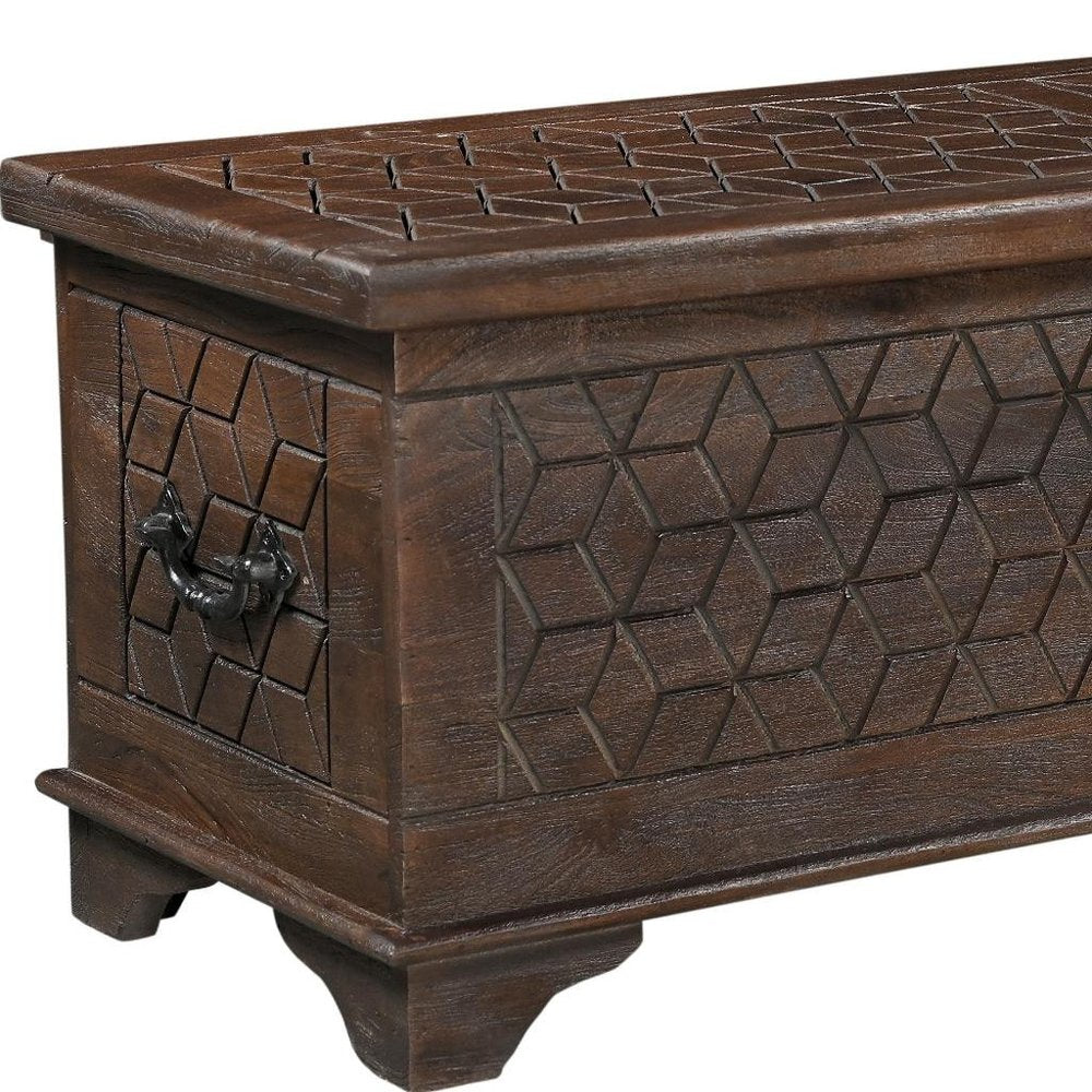 52" Brown Solid Wood Geometric Ottoman With Storage. Ottoman isolated on a plain white background, in a brown wood finish.