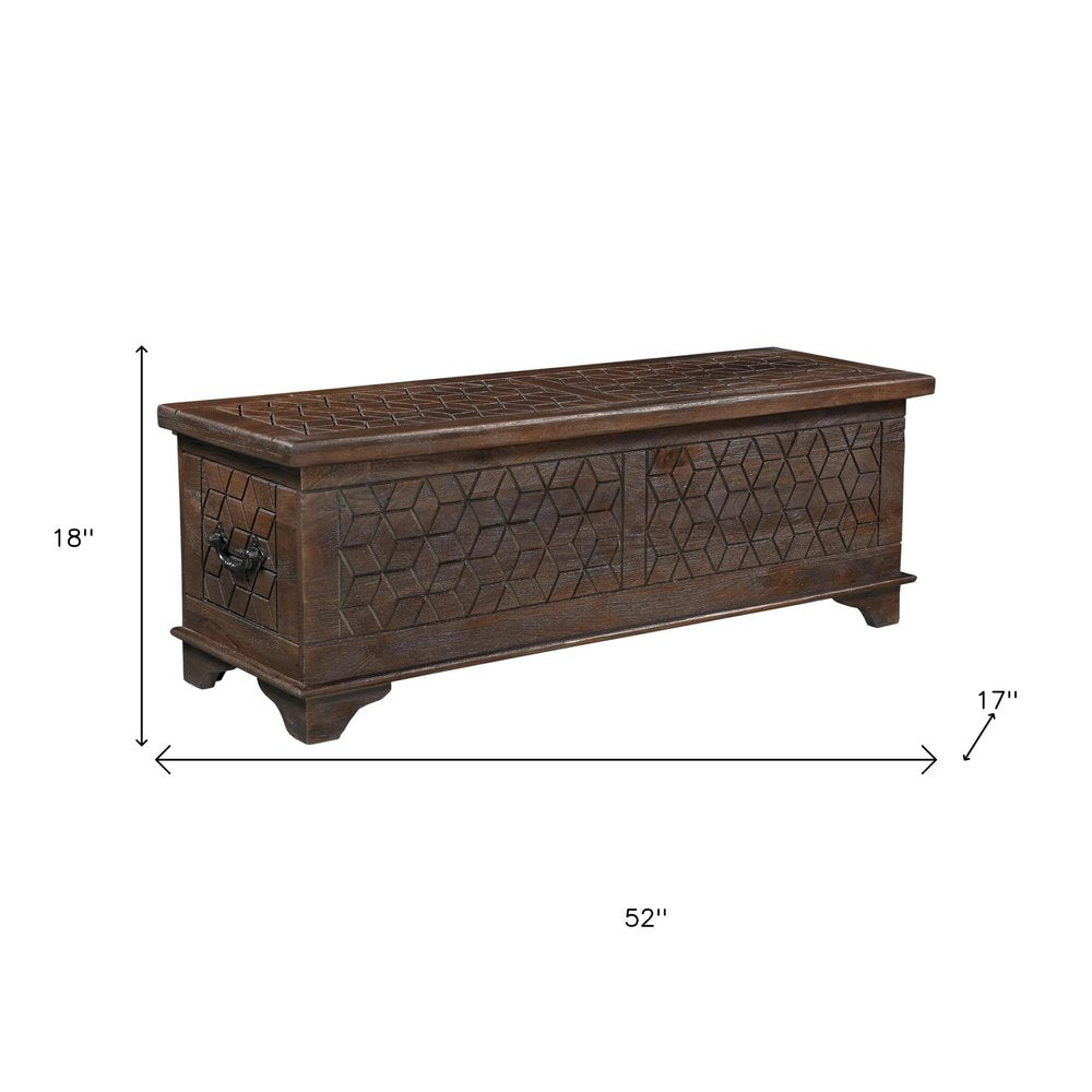 52" Brown Solid Wood Geometric Ottoman With Storage. Ottoman isolated on a plain white background, finished in brown wood.