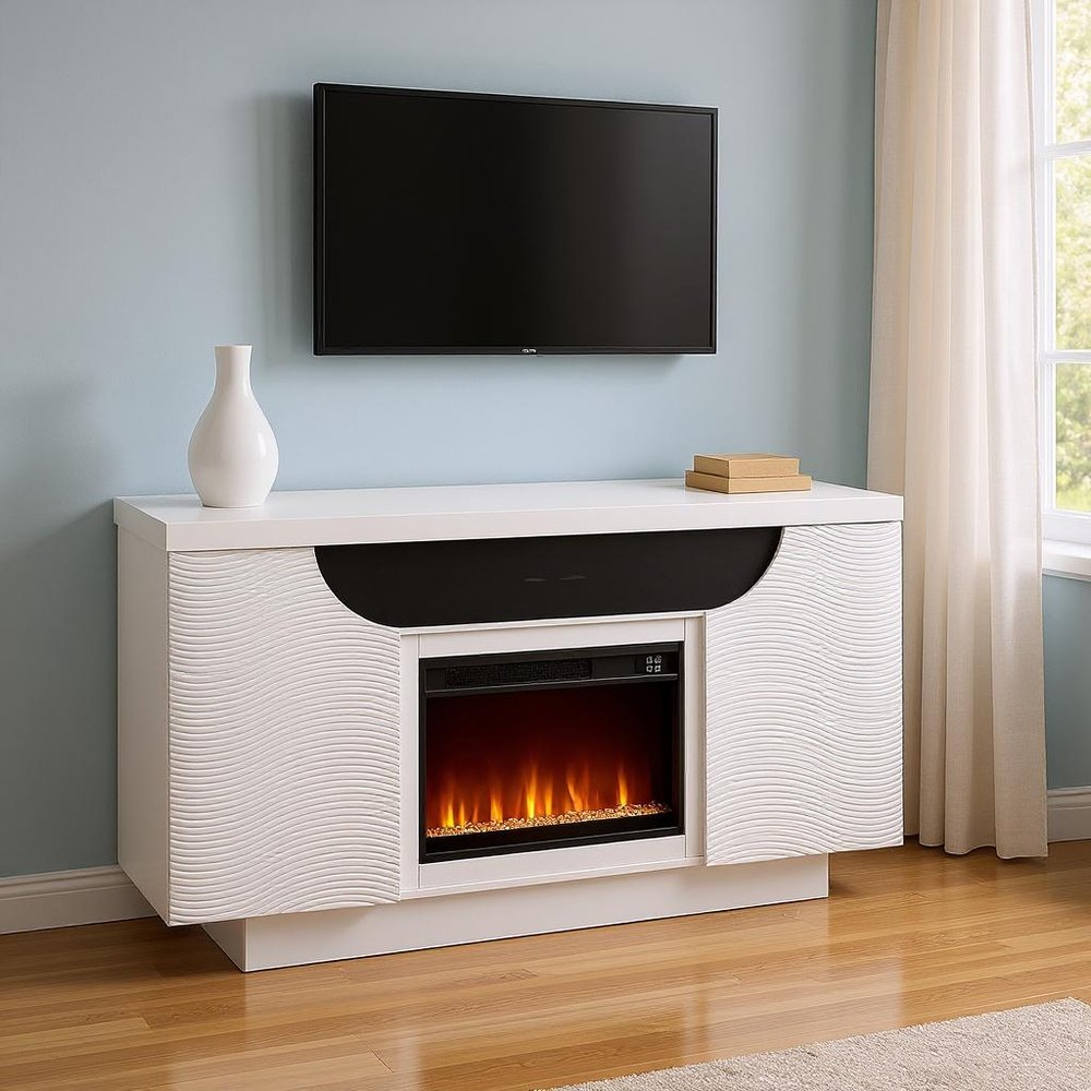 66" White Ribbed Wood Electric Storage Cabinet Fireplace With LED And Speaker styled in a furnished interior with a light gray wall on a wood floor.