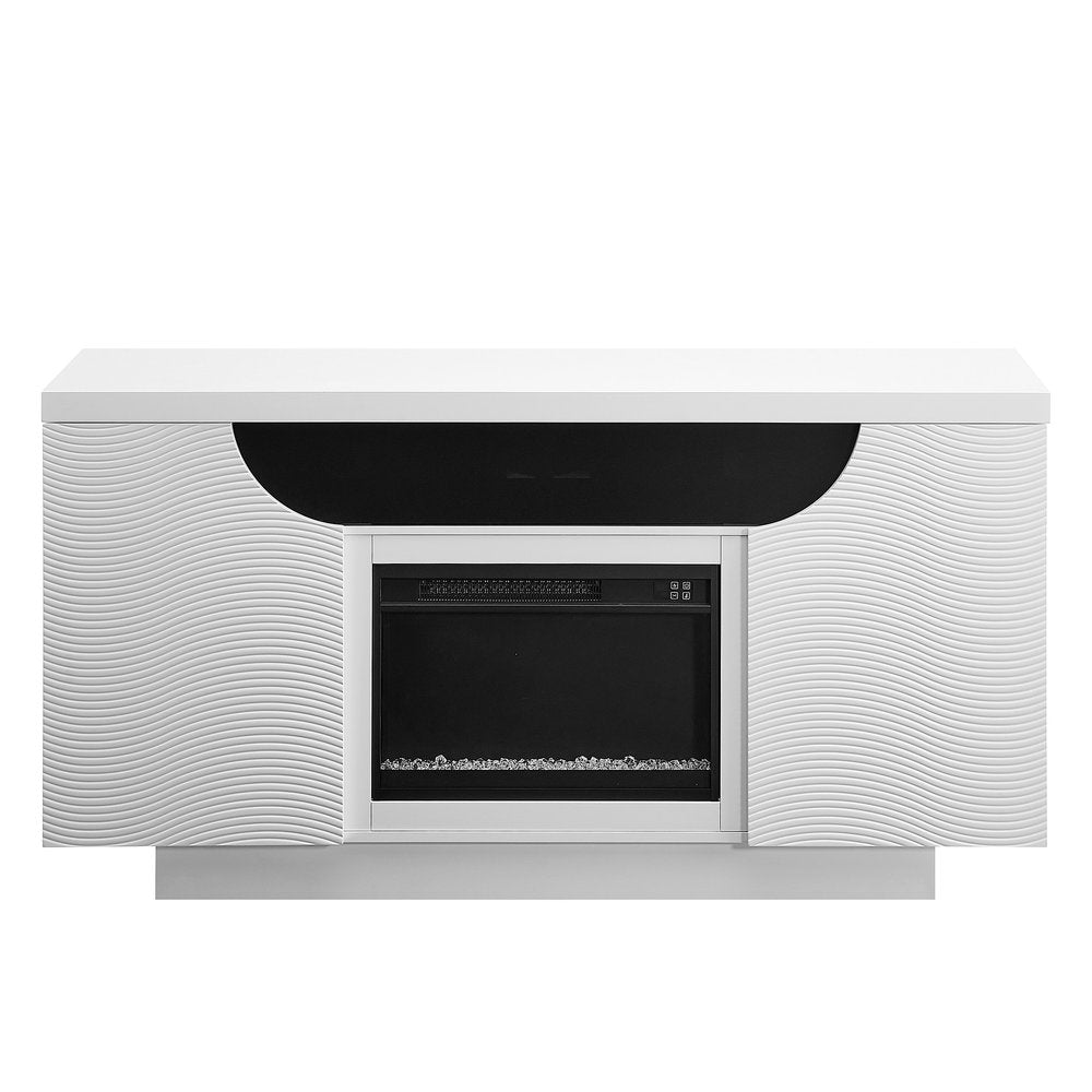 66" White Ribbed Wood Electric Storage Cabinet Fireplace With LED And Speaker. Fireplace isolated on a plain white background, finished in white wood.