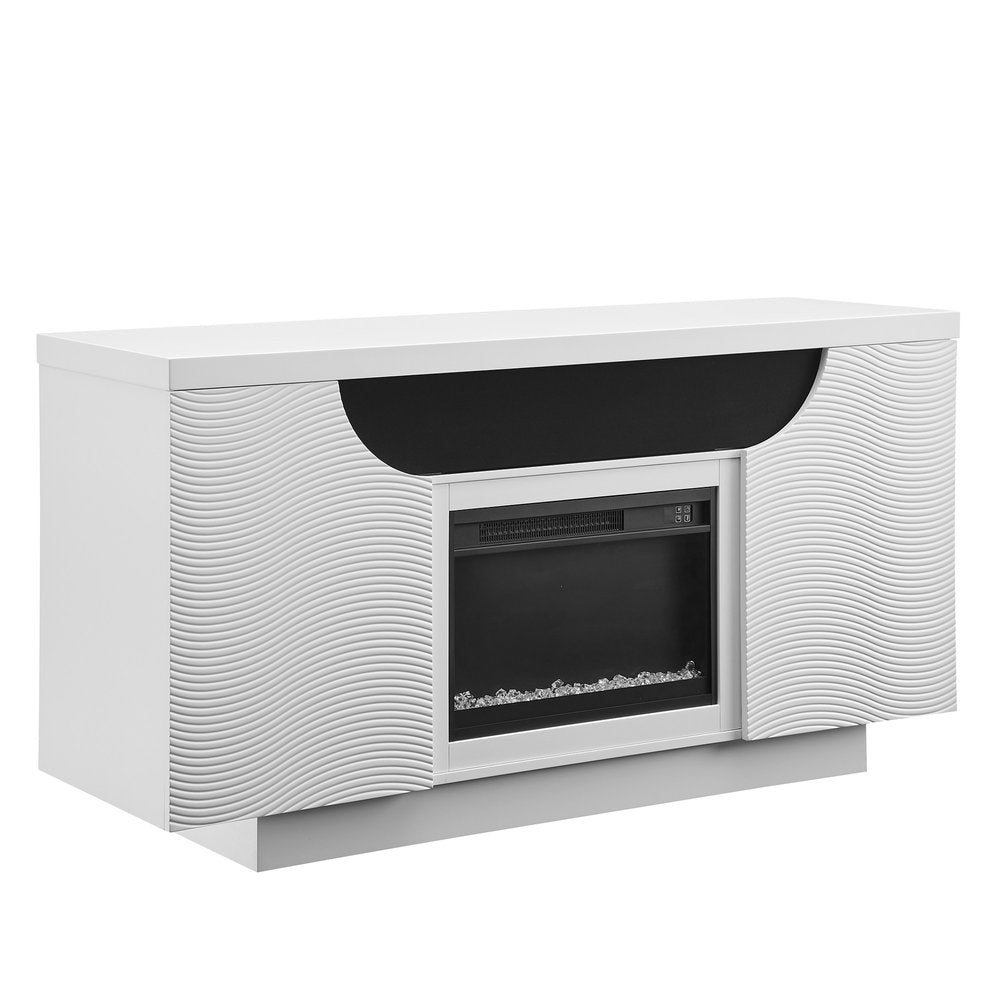 66" White Ribbed Wood Electric Storage Cabinet Fireplace With LED And Speaker. Fireplace isolated on a plain white background, showing a white wood surface.