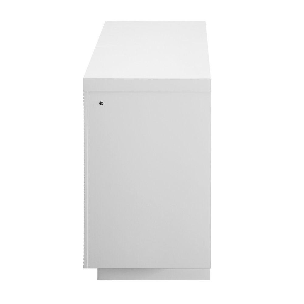 66" White Ribbed Wood Electric Storage Cabinet Fireplace With LED And Speaker. Fireplace isolated on a plain white background, finished in white wood.