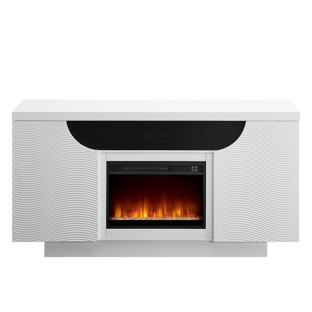 66" White Ribbed Wood Electric Storage Cabinet Fireplace With LED And Speaker. Fireplace isolated on a plain white background, showing a white wood surface.