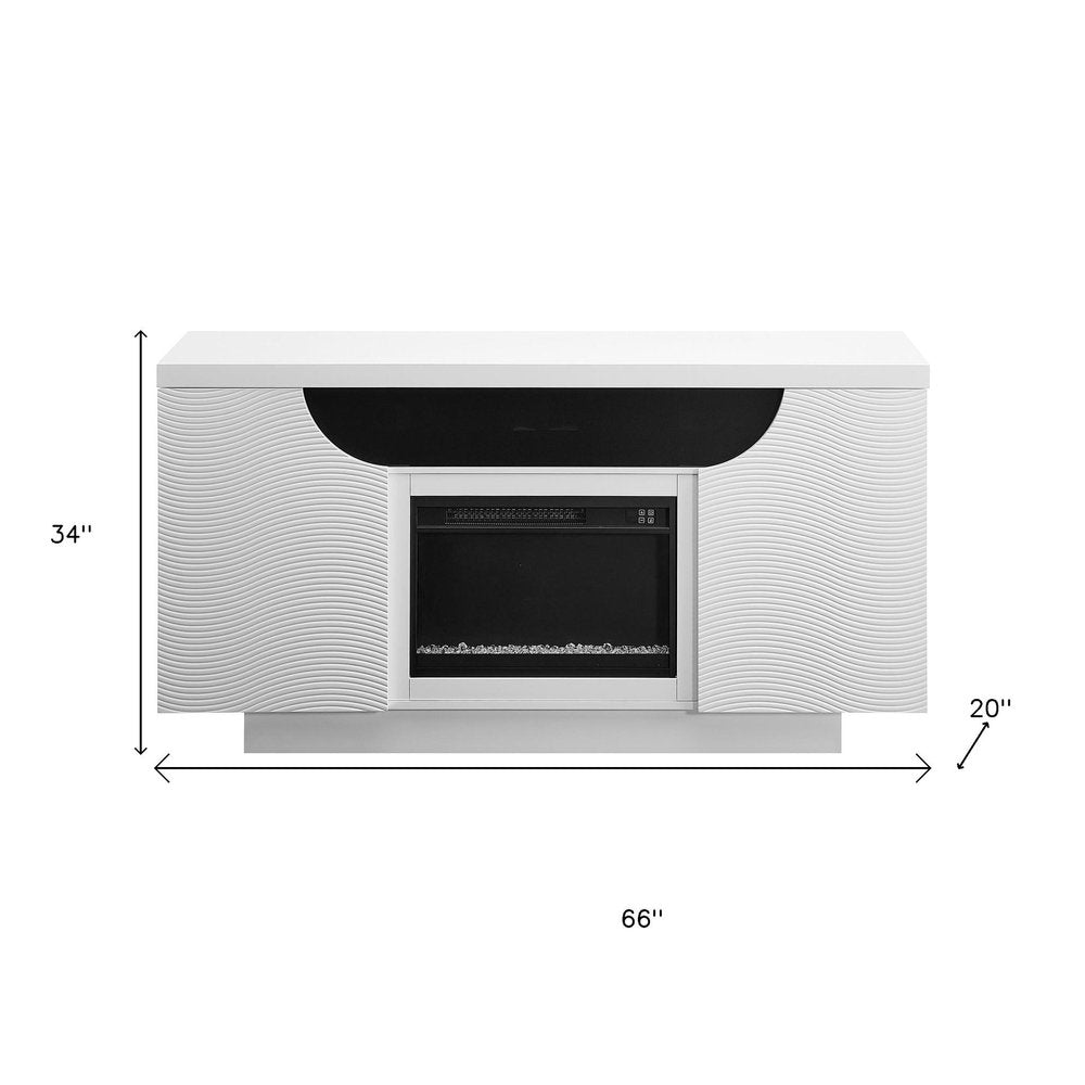 66" White Ribbed Wood Electric Storage Cabinet Fireplace With LED And Speaker. Fireplace isolated on a plain white background, in a white wood finish.