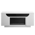 76" White Ribbed Wood Electric Storage Cabinet Fireplace With LED And Speaker on a white background