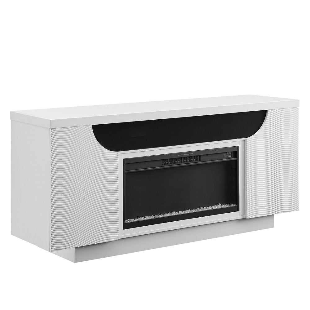 76" White Ribbed Wood Electric Storage Cabinet Fireplace With LED And Speaker on a white background