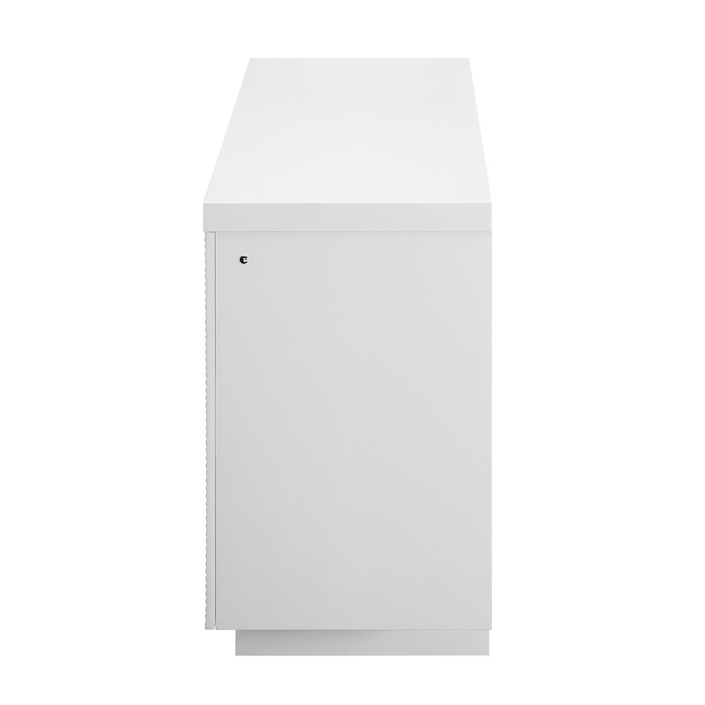 76" White Ribbed Wood Electric Storage Cabinet Fireplace With LED And Speaker on a white background
