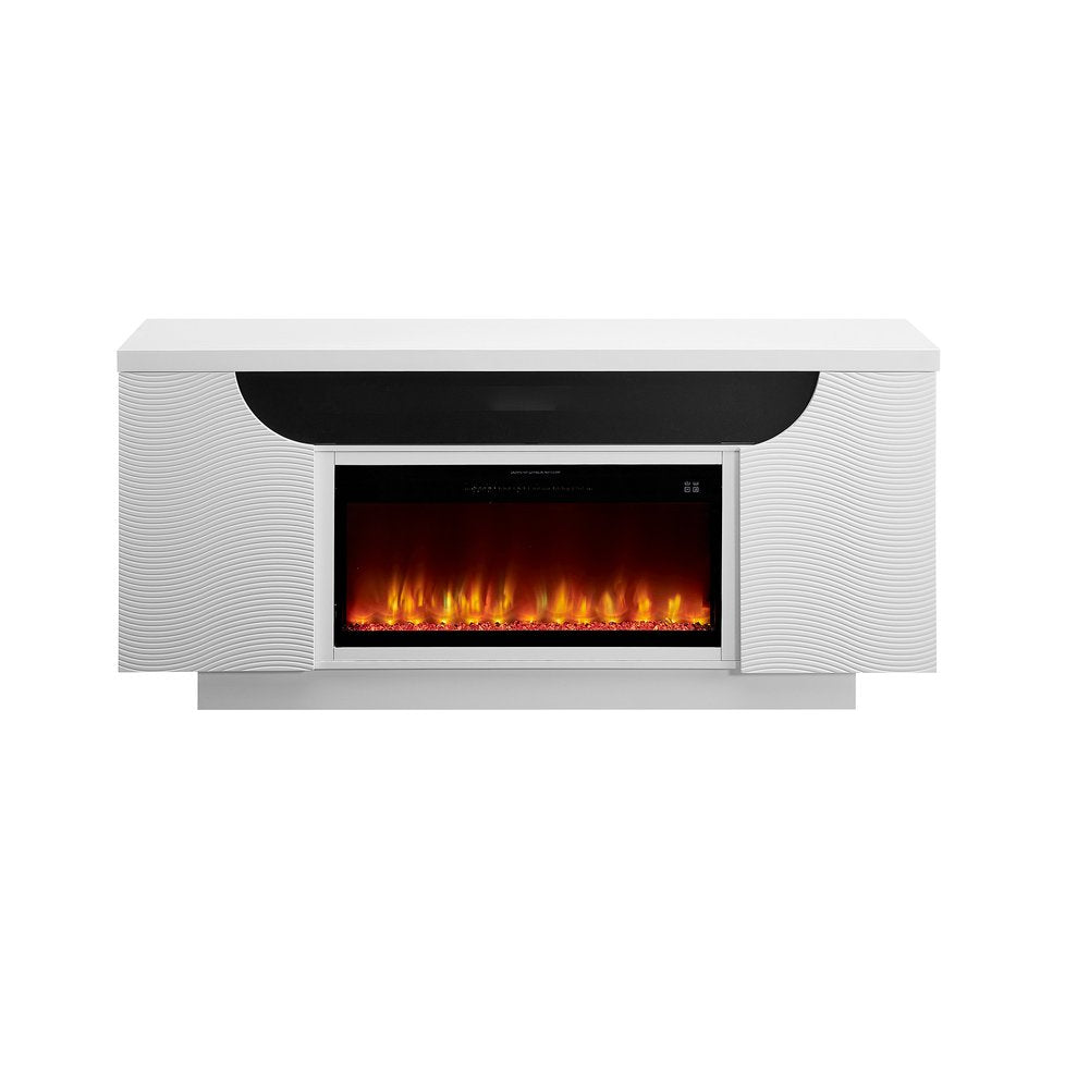 76" White Ribbed Wood Electric Storage Cabinet Fireplace With LED And Speaker on a white background