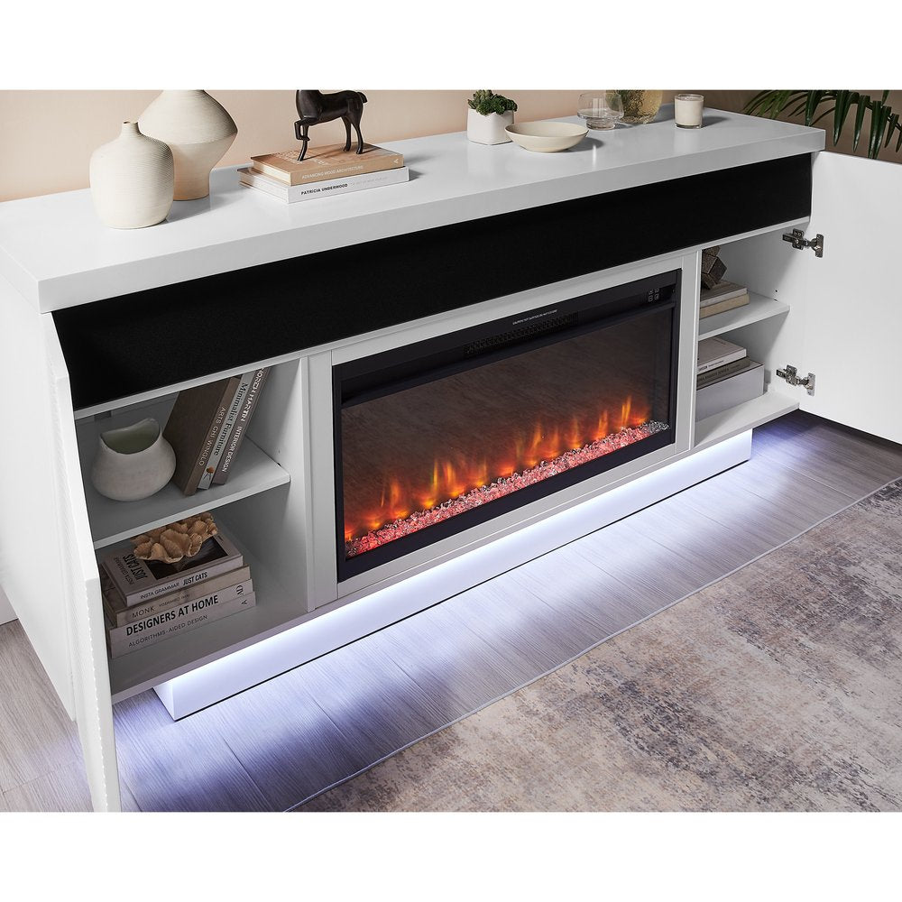 76" White Ribbed Wood Electric Storage Cabinet Fireplace With LED And Speaker on a white background