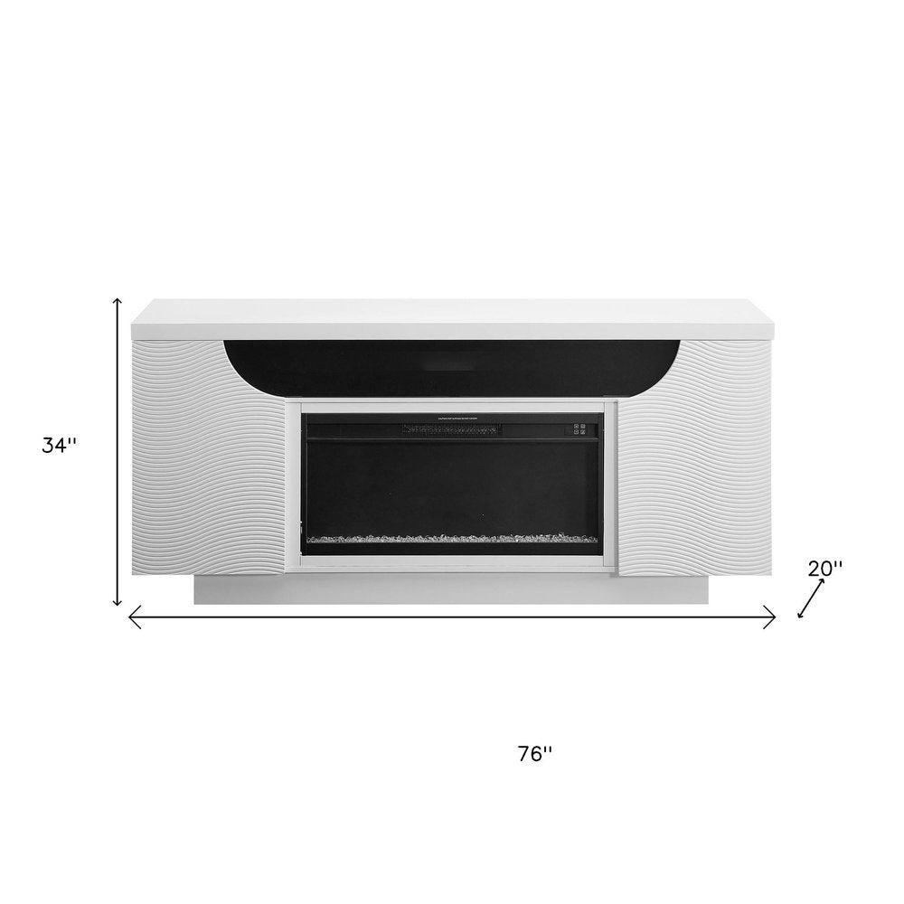 76" White Ribbed Wood Electric Storage Cabinet Fireplace With LED And Speaker on a white background