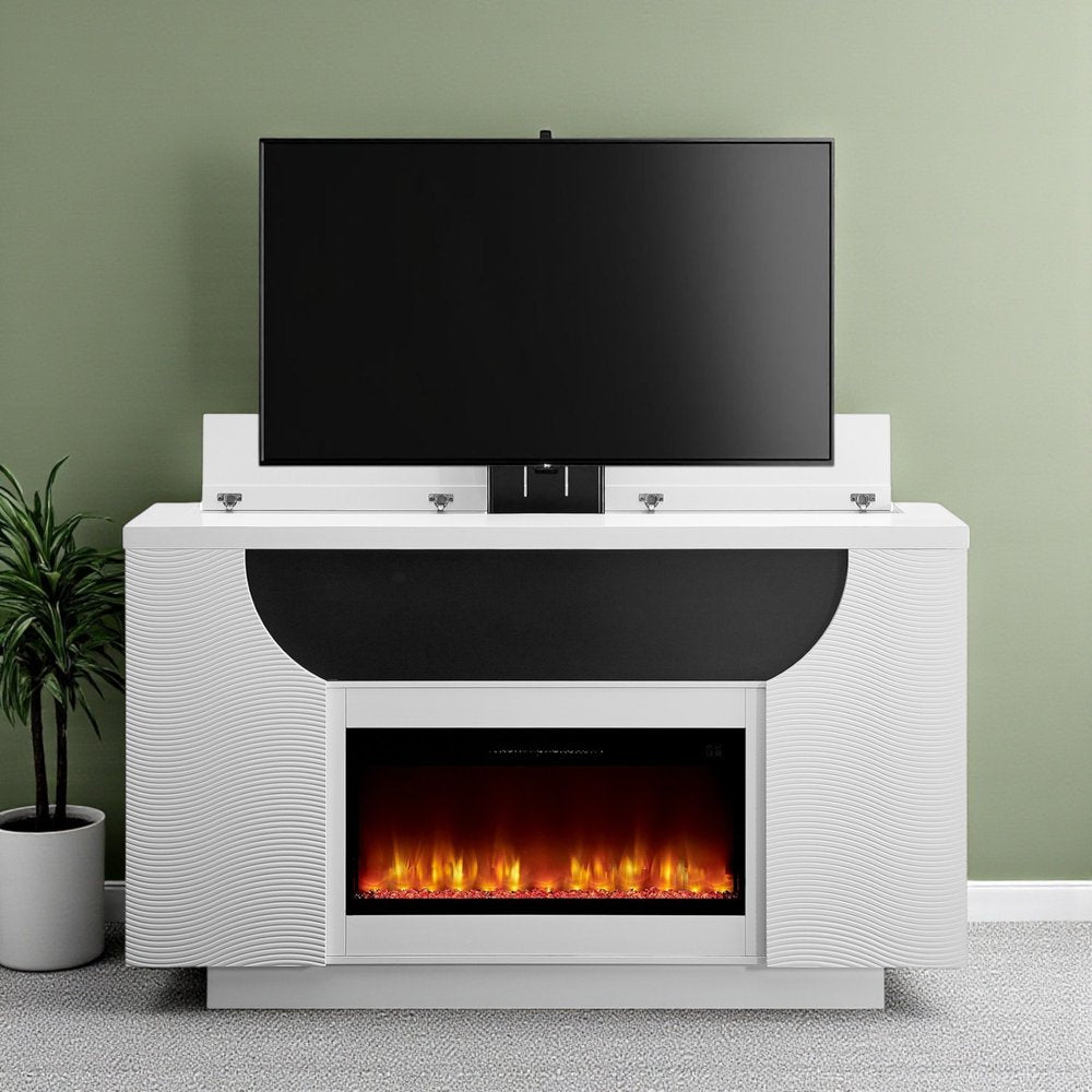 76" White Ribbed Wood Electric Storage Cabinet TV Fireplace With LED And Speaker in a home interior