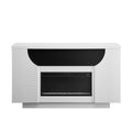 76" White Ribbed Wood Electric Storage Cabinet TV Fireplace With LED And Speaker on a white background