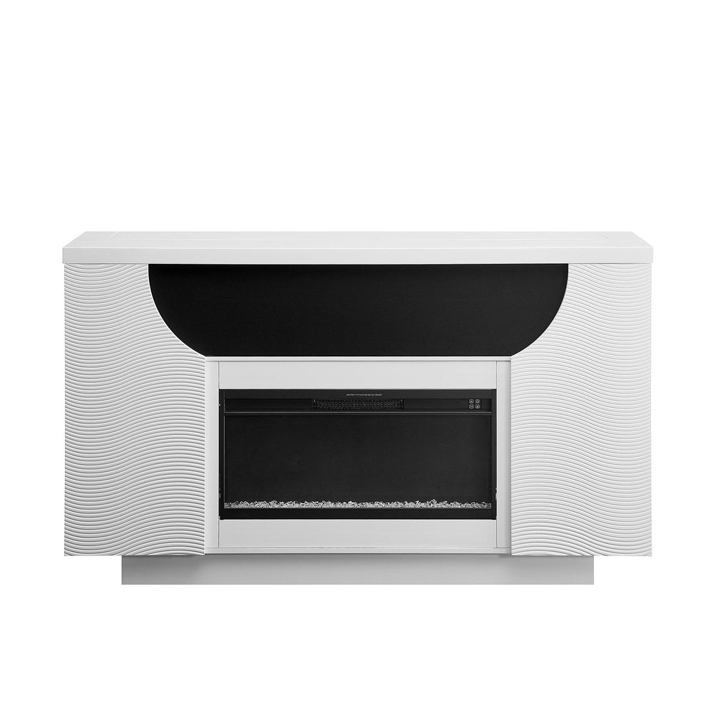76" White Ribbed Wood Electric Storage Cabinet TV Fireplace With LED And Speaker on a white background