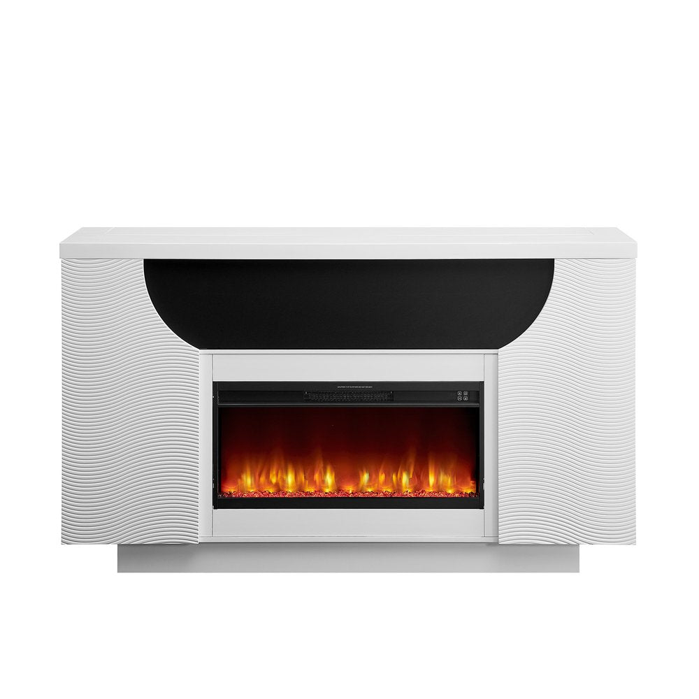 76" White Ribbed Wood Electric Storage Cabinet TV Fireplace With LED And Speaker on a white background