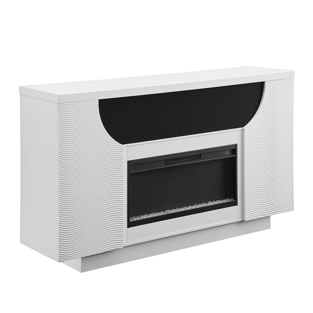 76" White Ribbed Wood Electric Storage Cabinet TV Fireplace With LED And Speaker on a white background