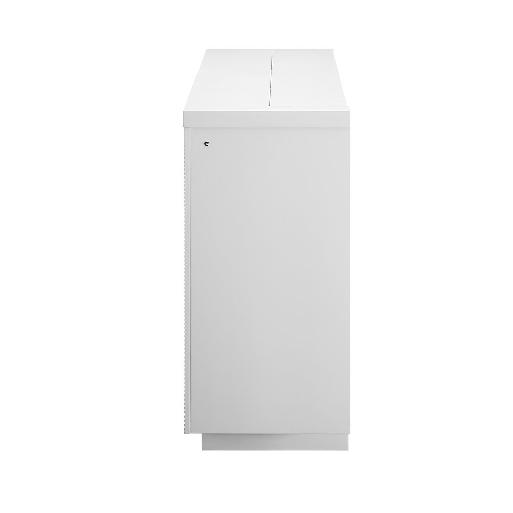 76" White Ribbed Wood Electric Storage Cabinet TV Fireplace With LED And Speaker on a white background