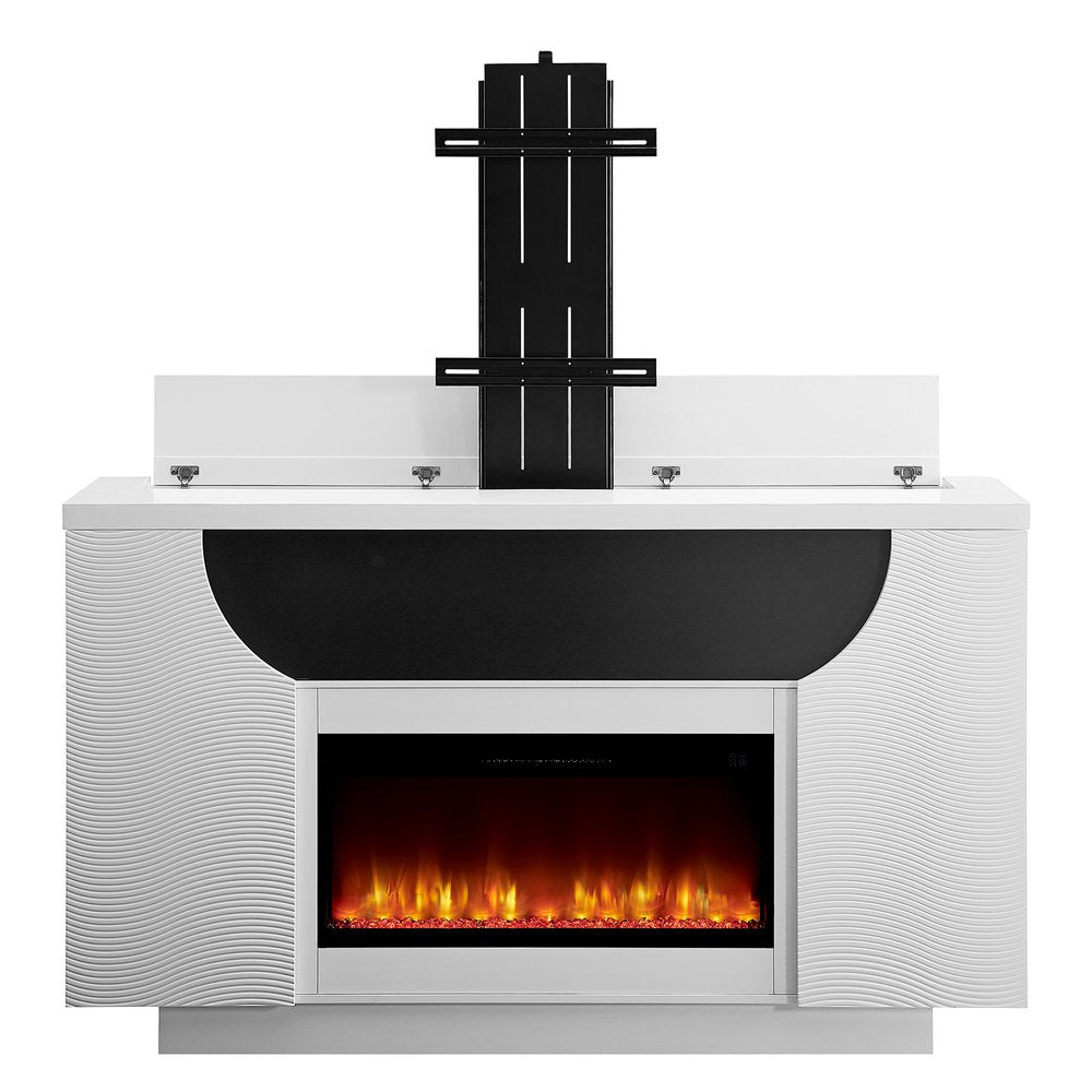 76" White Ribbed Wood Electric Storage Cabinet TV Fireplace With LED And Speaker on a white background