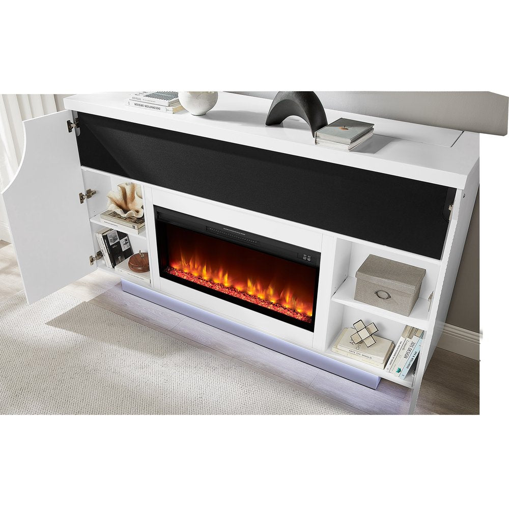 76" White Ribbed Wood Electric Storage Cabinet TV Fireplace With LED And Speaker on a white background