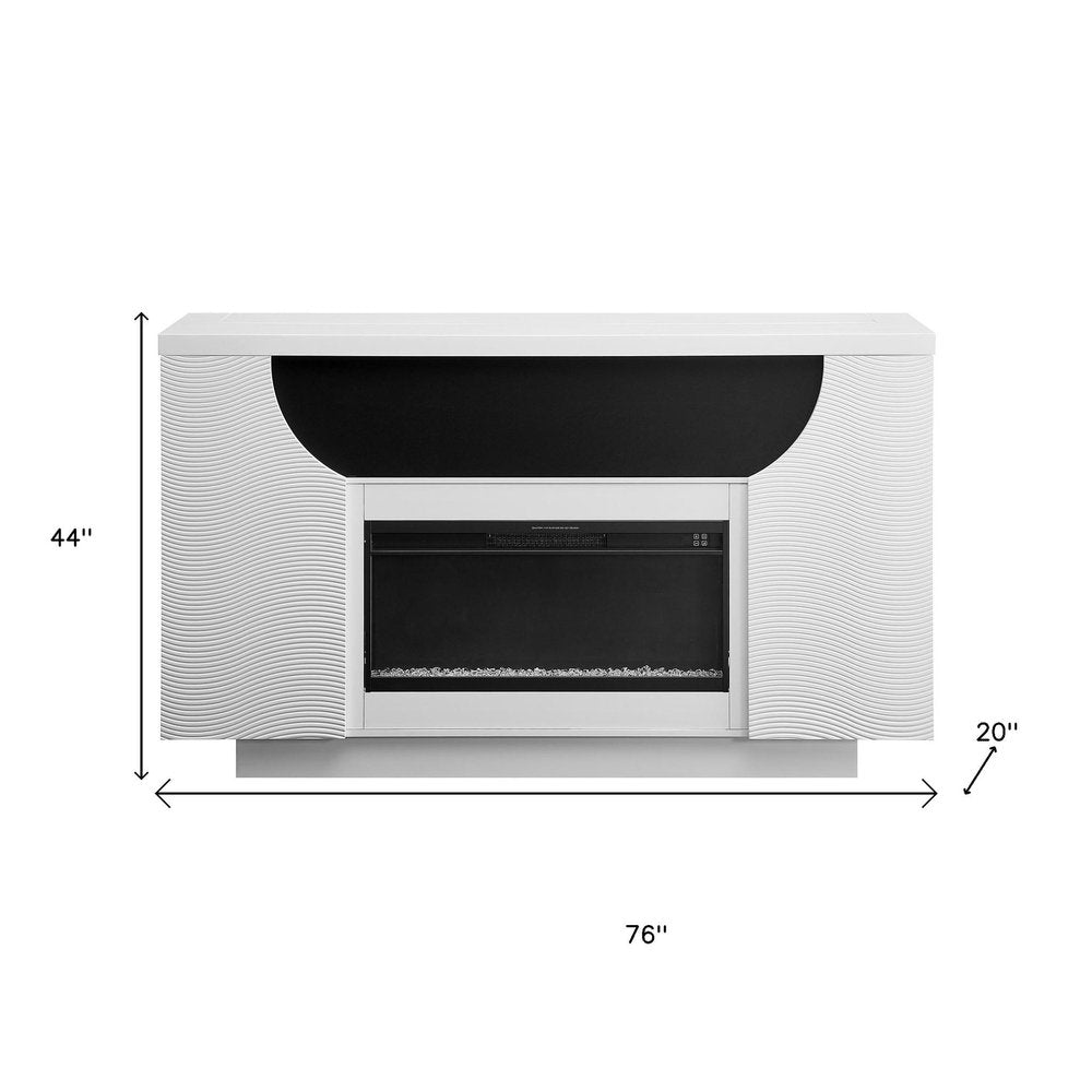 76" White Ribbed Wood Electric Storage Cabinet TV Fireplace With LED And Speaker on a white background