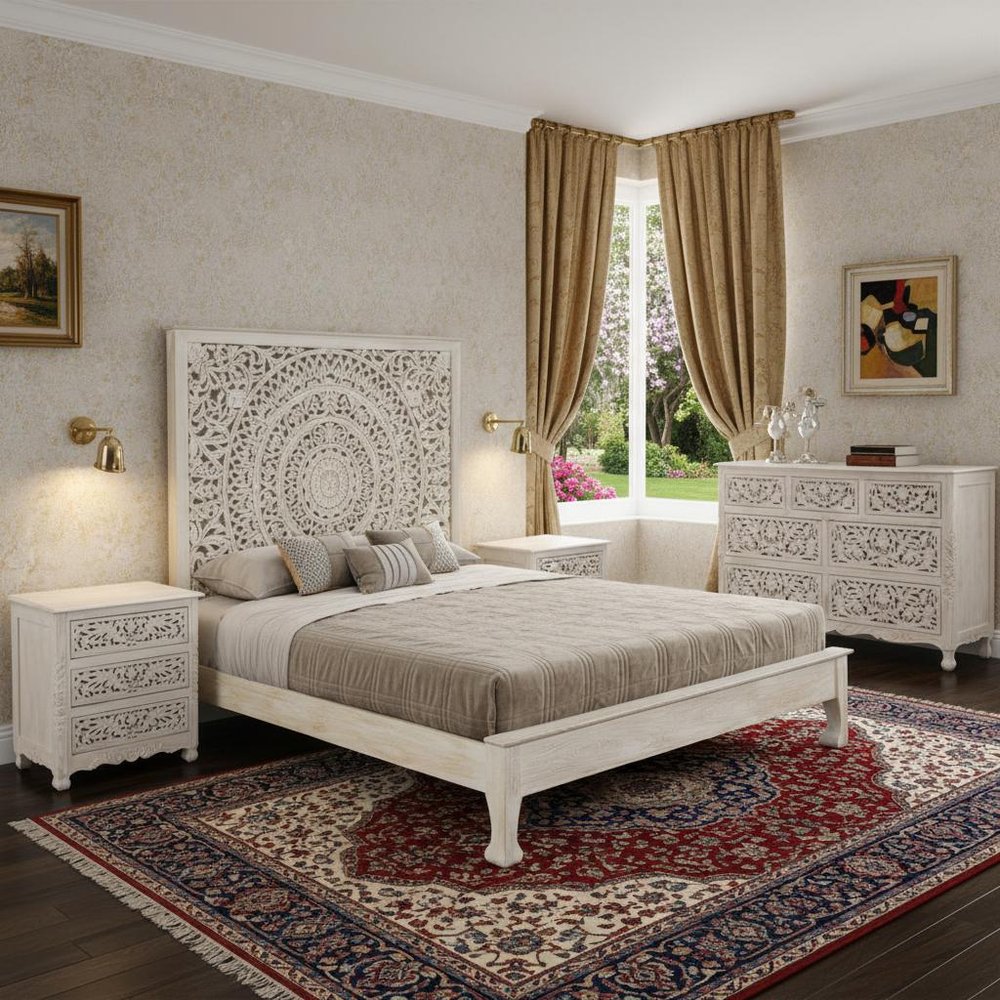 Three Piece White Solid Wood Bedroom Set in a home interior