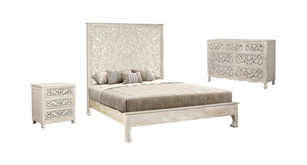Three Piece White Solid Wood Bedroom Set