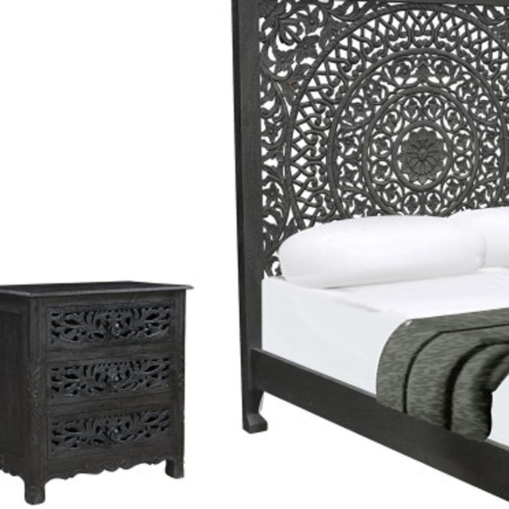 Three Piece Black Solid Wood Bedroom Set on a white background
