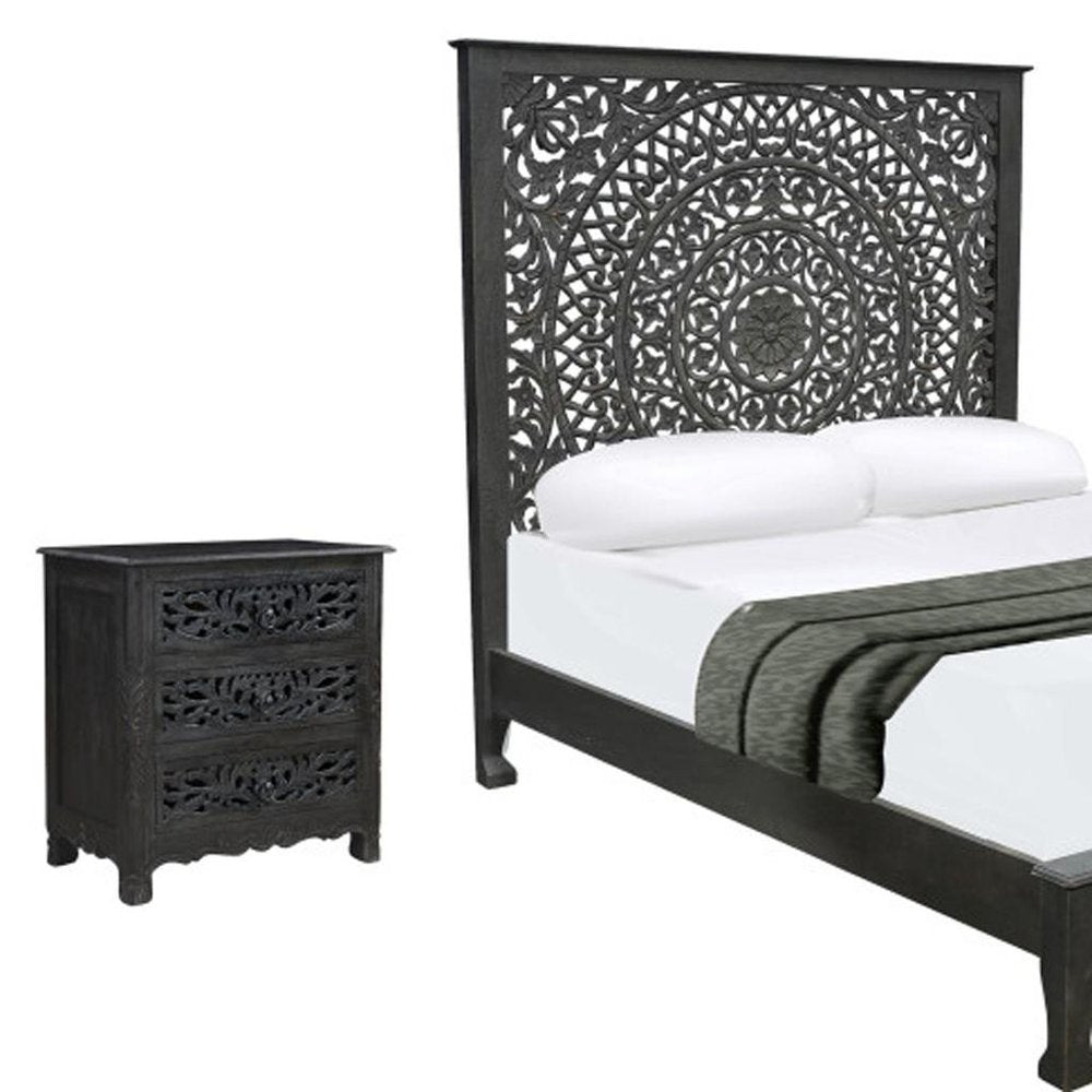 Three Piece Black Solid Wood Bedroom Set on a white background