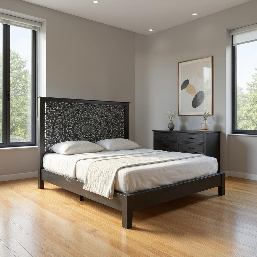 Three Piece Black Solid Wood Bedroom Set in a home interior