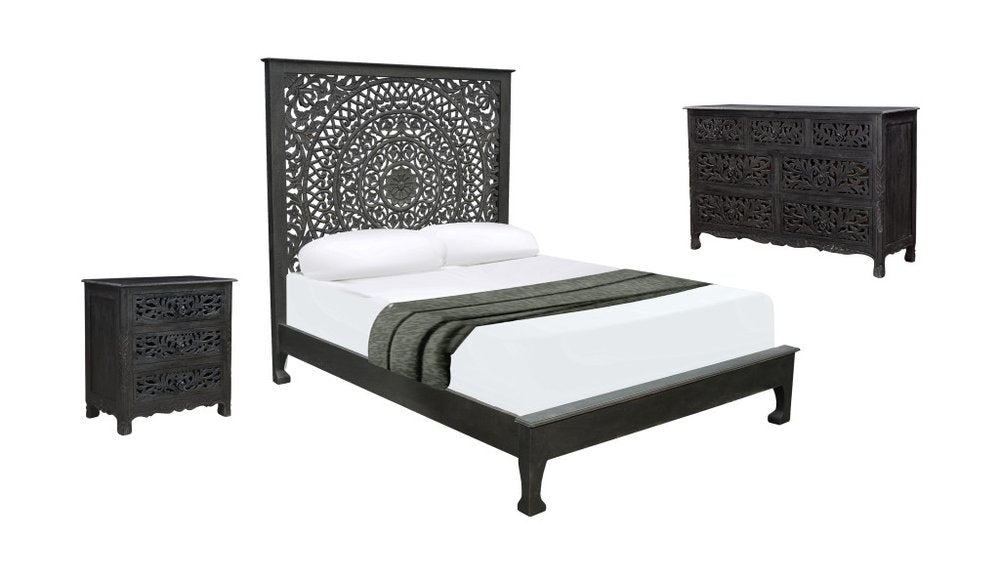Three Piece Black Solid Wood Bedroom Set on a white background
