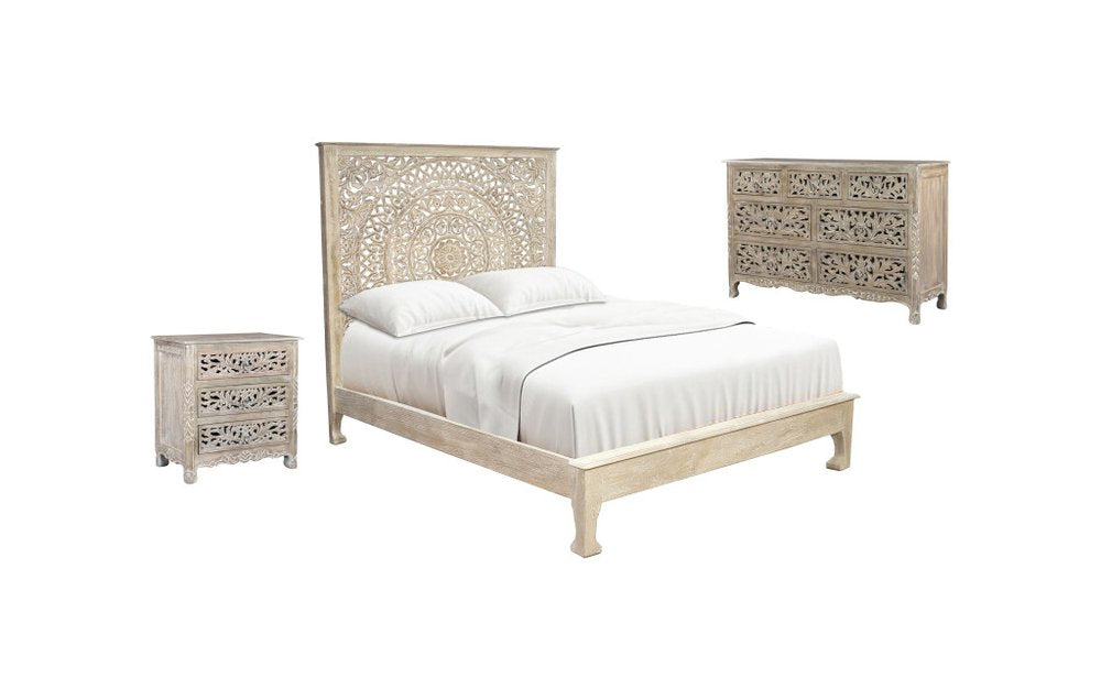 Three-piece gray solid wood bedroom set with carved detailing, including a bed, nightstand, and dresser, on a white background.