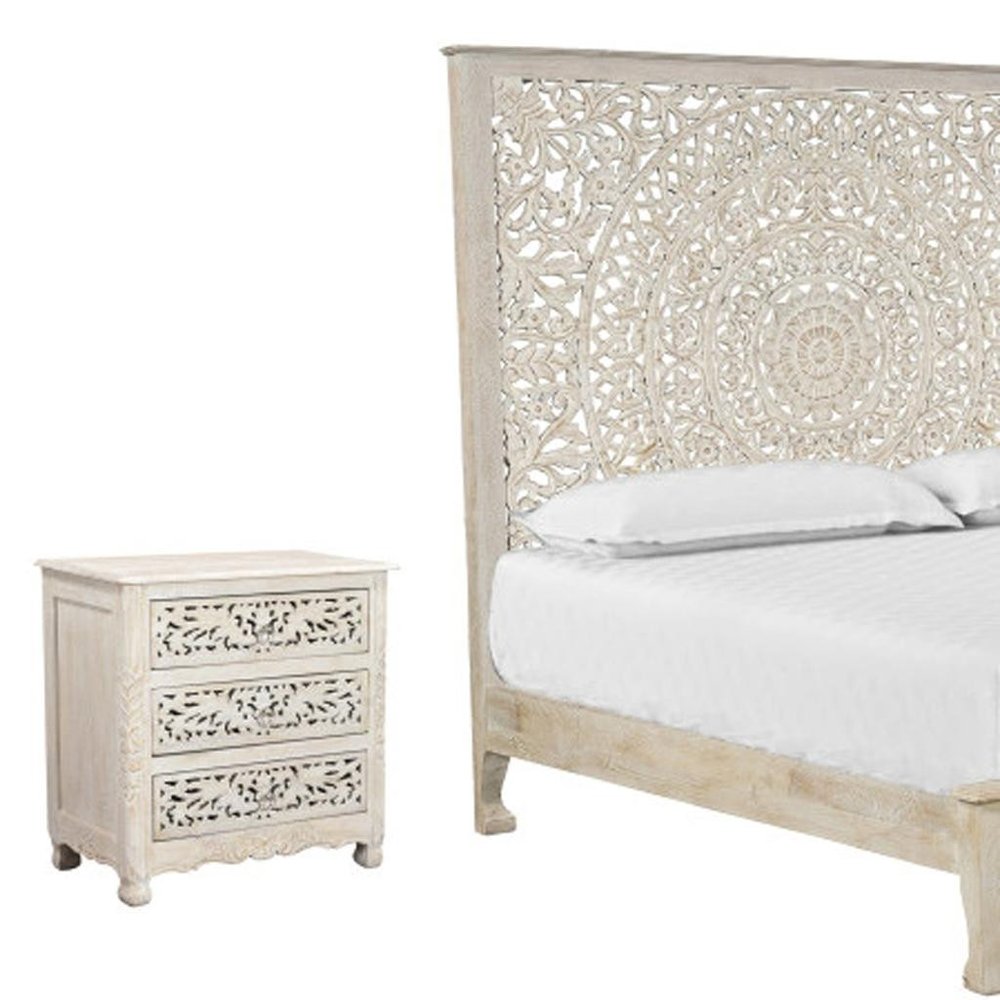Three Piece White Solid Wood Bedroom Set on a white background