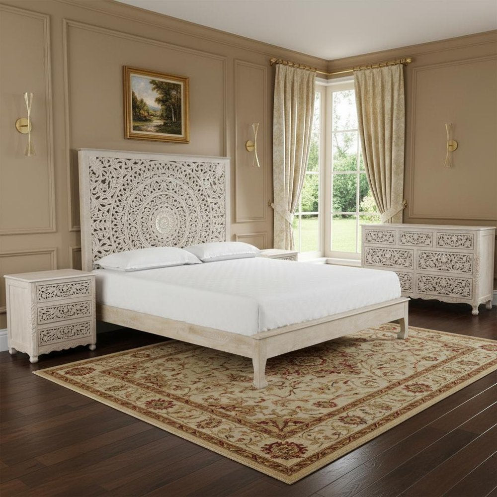 Three Piece White Solid Wood Bedroom Set in a home interior