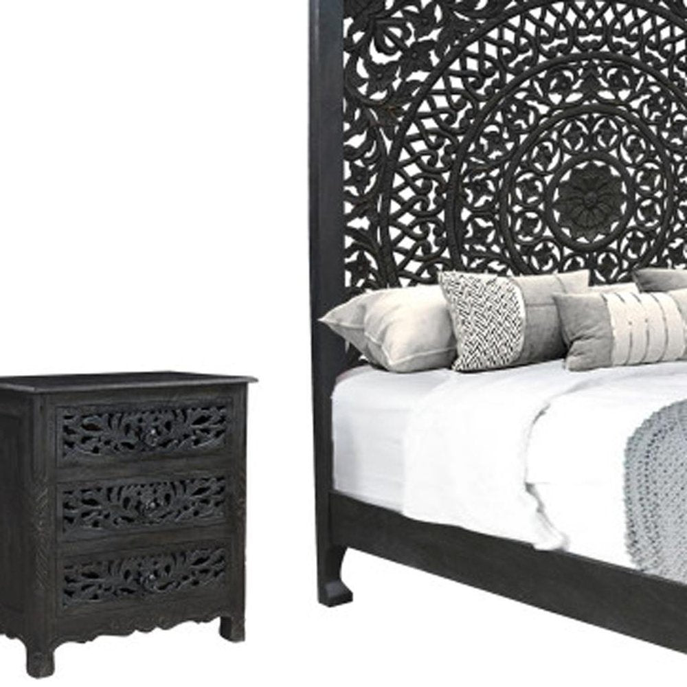 Three Piece Black Solid Wood Bedroom Set - 74.00" H x 81.50" W x 88.00" D on a white background